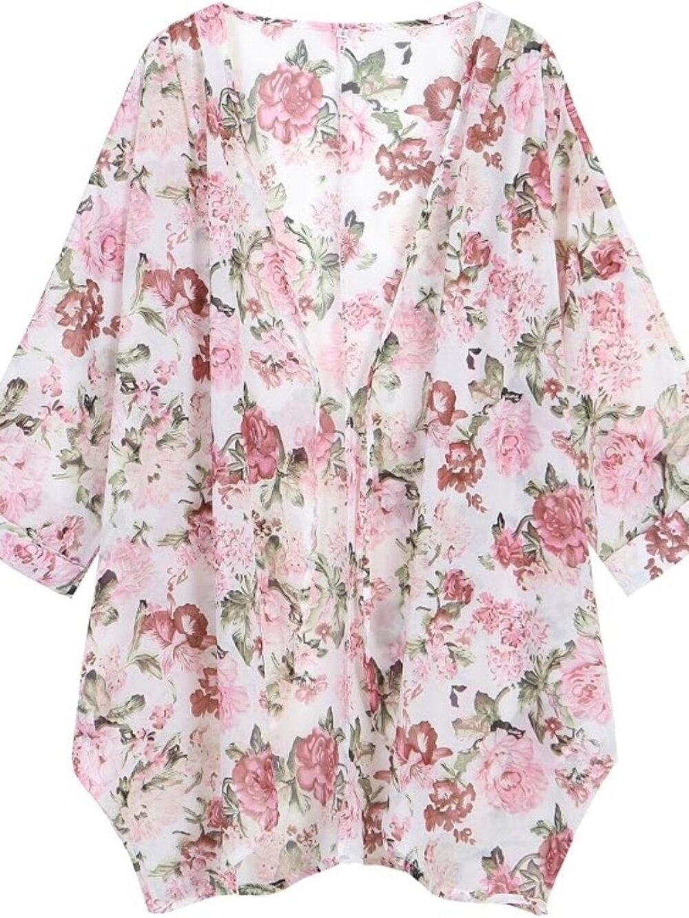 Women's Floral Print Sheer Chiffon 3/4 Cuffed Bat Sleeve Kimono Size XXL